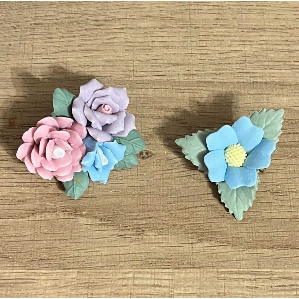 VTG Porcelain Flower Brooch Pins Handmade Ceramic 3D Bouquet Pastel Ceramic Lot